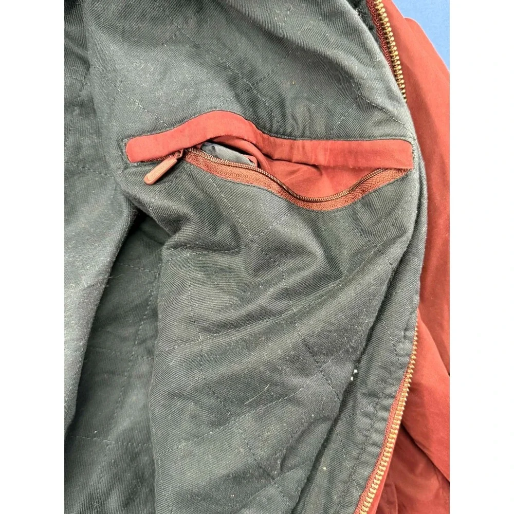 Vintage‎ Eddie Bauer Quilted Barn Jacket Acrylic Trim Leather Collar Red LG